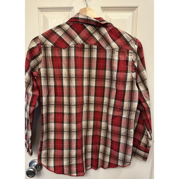 Wrangler Boys L Shirt‎ Pearl Snap Red Brown Plaid Western Cowboy Stitched Pocket - Picture 6 of 10